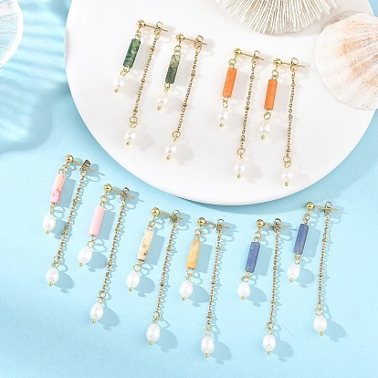 304 de acero inoxidable aretes, columna, Pendientes colgantes de piedras preciosas y perlas naturales para mujer, dorado