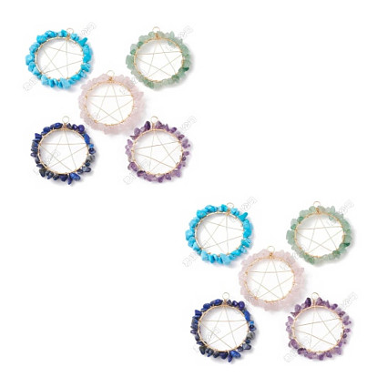 10 piezas 5 estilos cuarzo rosa natural, lapislázuli, aventurina verde y amatista, colgantes de anillo de chip de turquesa sintética, encantos de estrellas de latón, dorado