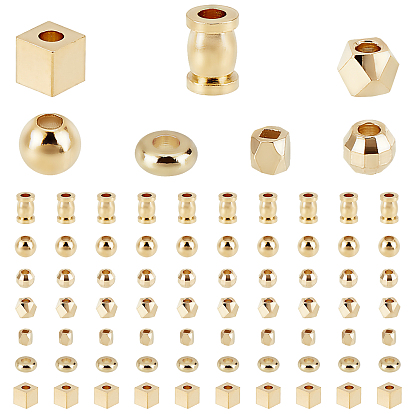 140Pcs 7 Style Brass Spacer Beads, Long-Lasting Plated, Round & Column & Cube