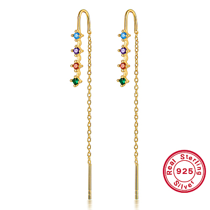 925 Sterling Silver Chains Ear Thread, Colorful Cubic Zirconia Stud Earrings