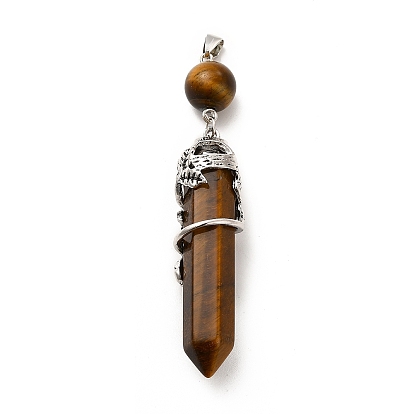 Natural Tiger Eye Big Pendants, Faceted Bullet Charm, with Antique Silver Tone Alloy Flower Findings