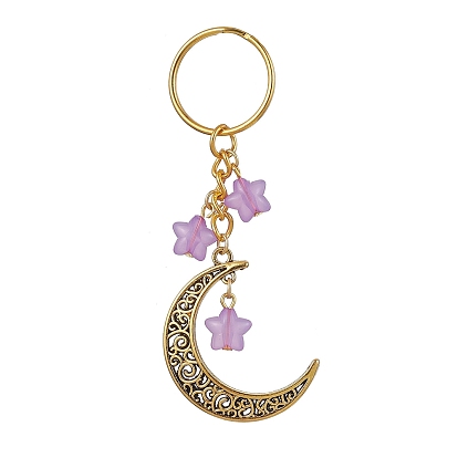 Tibetan Style Alloy Hollow Moon Pendant Keychain, with Acrylic Star Charm and Iron Split Key Rings