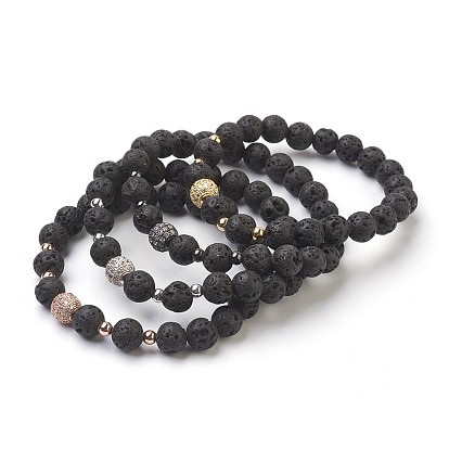 Bracelets Sets, Bracelets Sets, Natural Lava Rock Beads Stretch Bracelets, with Brass Findings and Cubic Zirconia, Round, Cardboard Boxes, Mixed Color