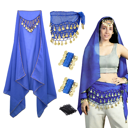 Kits d'accessoires de costumes à faire soi-même, y compris des bracelets de danse du ventre en nylon et en fer, foulard de danse du ventre en soie, bonnet en polyester avec armature métallique et épingles à cheveux en alliage