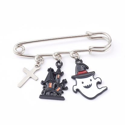 Iron Safety Brooch for Halloween, with Alloy Enamel Pendants, Haunted House & Ghost, Black