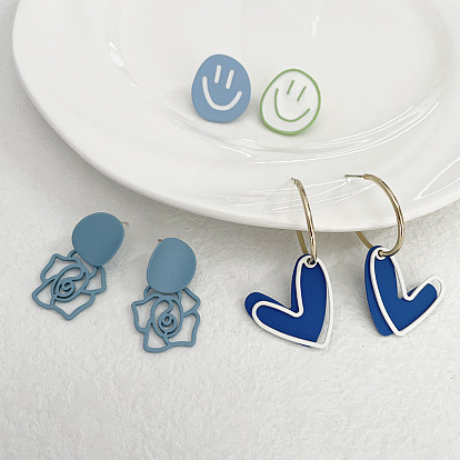 Temperament light blue hollow rose silver needle earrings simple and sweet smiling face without pierced ear clips hit color love earrings female