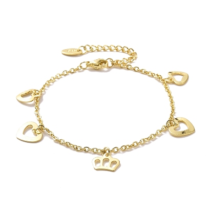 201 Stainless Steel Crown & Heart Charms Bracelet with 304 Stainless Steel Chains for Women