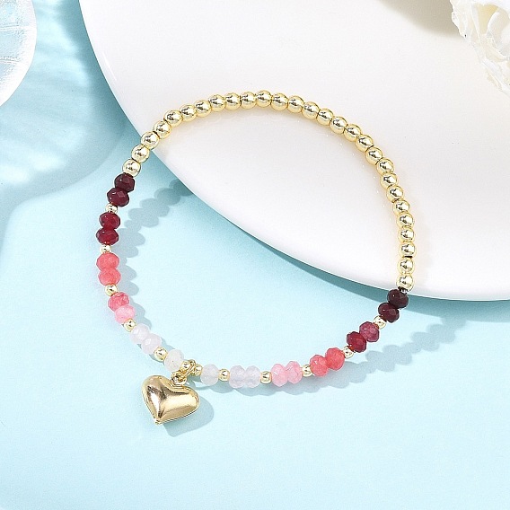 Браслеты с подвесками в виде сердечек из латуни, Браслеты из окрашенного натурального малазийского нефрита и гальванически покрытых немагнитных синтетических гематитовых бусин, эластичные, для женщин.