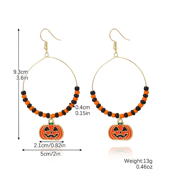 Seed Beads and Alloy Enamel Pendants Dangle Earrings, Halloween Theme, Pumpkin, Golden