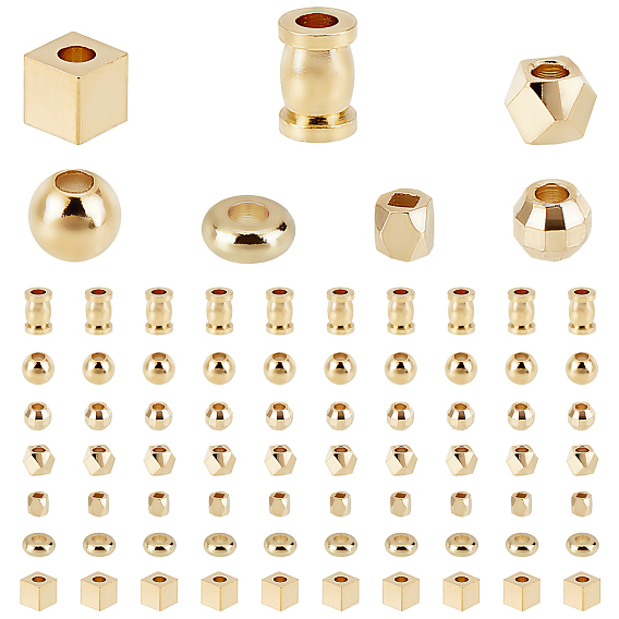 140Pcs 7 Style Brass Spacer Beads, Long-Lasting Plated, Round & Column & Cube