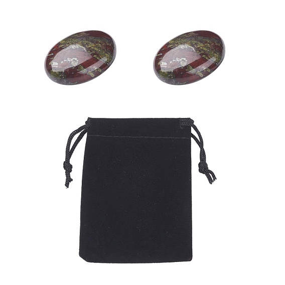 2Pcs Natural Dragon Blood Jasper Cabochons, Oval, Velvet Cloth Drawstring Bags