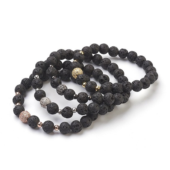 Bracelets Sets, Bracelets Sets, Natural Lava Rock Beads Stretch Bracelets, with Brass Findings and Cubic Zirconia, Round, Cardboard Boxes, Mixed Color