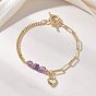Латунь шарм браслеты, латунные браслеты из скрепок и цепочек-панцирей для женщин, сердце, с естественным аметист