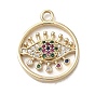 Brass Micro Pave Clear Cubic Zirconia Pendants, Long-Lasting Plated, Flat Round with Eye