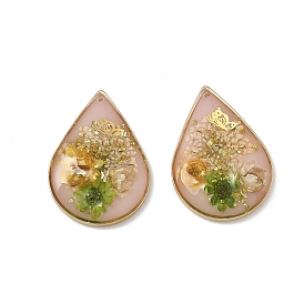 Plating Brass & Transparent Epoxy Resin & Dried Flower Pendants, Teardrop with Flower & Butterfly Pattern Charm, with Glitter Powder