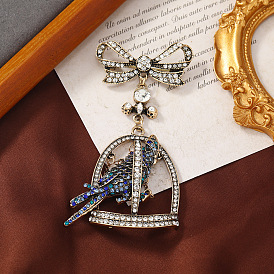 Zinc Alloy Brooch with Rhinestone, Bird Cage, Bowknot