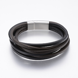 Leather Cord Multi-strand Bracelets, with 304 Stainless Steel Magnetic Clasps