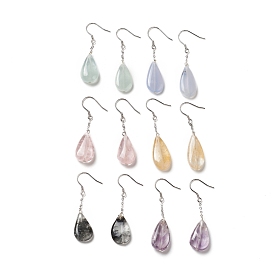 Natural Agate+Crystal Teardrop Dangle Earrings with 925 Sterling Silver Pin for Women