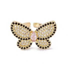 Pink Cubic Zircon Butterfly Open Cuff Ring, Rack Plating Brass Jewelry for Women, Cadmium Free & Nickel Free & Lead Free