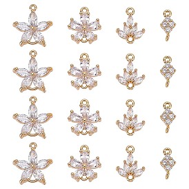 16 pcs 4 styles en laiton pavé de breloques de connecteur en zircone cubique transparente, réel 18 k plaqué or