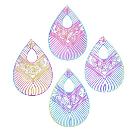 Ion Plating(IP) 201 Stainless Steel Filigree Big Pendants, Etched Metal Embellishments, Teardrop