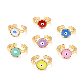 Flat Round with Evil Eye Cubic Zirconia Cuff Ring for Women, Real 18K Gold Plated Brass Enamel Open Ring, Cadmium Free & Lead Free