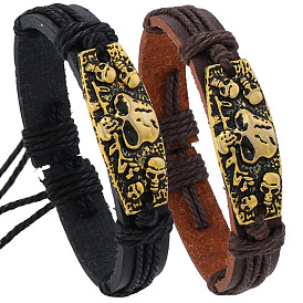 PU Leather Cord Adjustable Bracelets, Alloy Skull Link Bracelets for Men