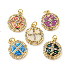 Brass Micro Pave Cubic Zirconia, with Synthetic Opal Pendants, with Jump Rings, Real 18K Gold Plated, Flat Round with Cross