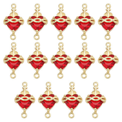14Pcs Brass with Glass Dark Red Sacred Heart Connector Charms, Lead Free & Cadmium Free, Long-Lasting Plated, Rack Plating