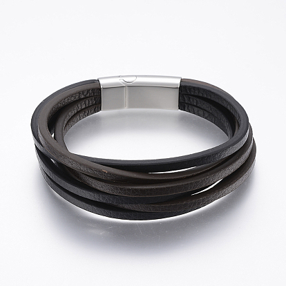 Leather Cord Multi-strand Bracelets, with 304 Stainless Steel Magnetic Clasps