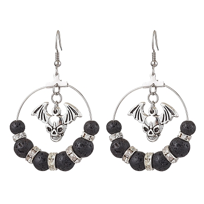 Brass with 304 Stainless Steel Dangle Earring, with Lava Rock and Alloy Pendant, Devil for Halloween