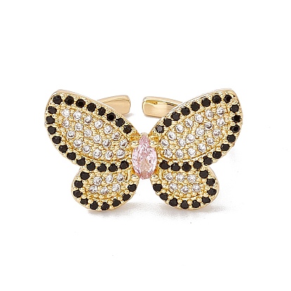 Anillo de puño abierto con mariposa de circonita cúbica rosa, joyería de latón chapado en rack para mujer, sin cadmio y níque y plomo