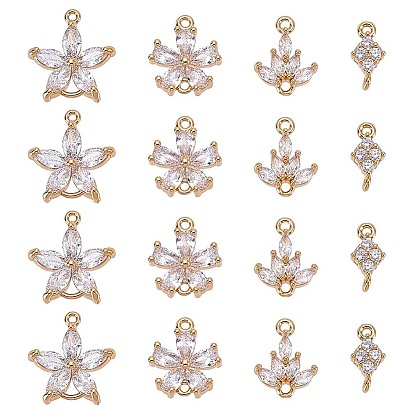 16 pcs 4 styles en laiton pavé de breloques de connecteur en zircone cubique transparente, réel 18 k plaqué or