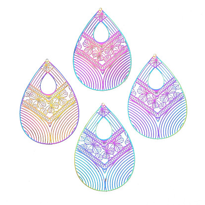 Ion Plating(IP) 201 Stainless Steel Filigree Big Pendants, Etched Metal Embellishments, Teardrop