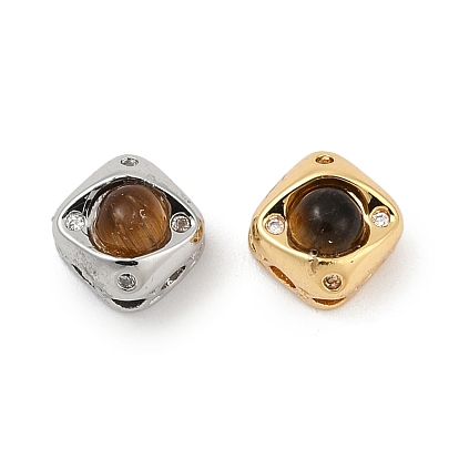 Природных тигровый глаз бисером, с фурнитурой из прозрачного кубического циркония из латуни, ромб