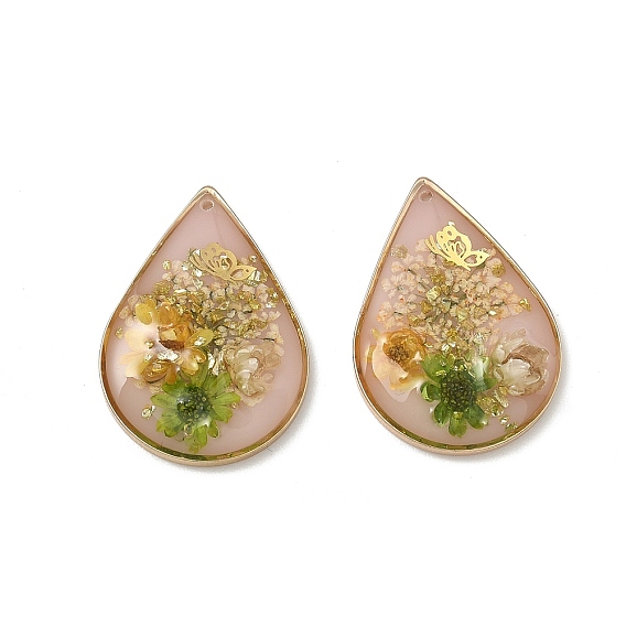 Plating Brass & Transparent Epoxy Resin & Dried Flower Pendants, Teardrop with Flower & Butterfly Pattern Charm, with Glitter Powder
