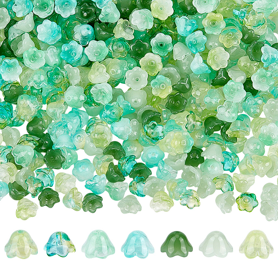 400 piezas 7 colores tapas de cuentas de vidrio soplado hechas a mano de dos tonos, flor