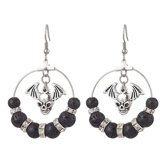 Brass with 304 Stainless Steel Dangle Earring, with Lava Rock and Alloy Pendant, Devil for Halloween