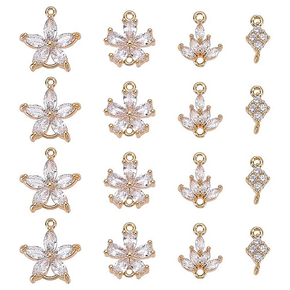 16 pcs 4 styles en laiton pavé de breloques de connecteur en zircone cubique transparente, réel 18 k plaqué or