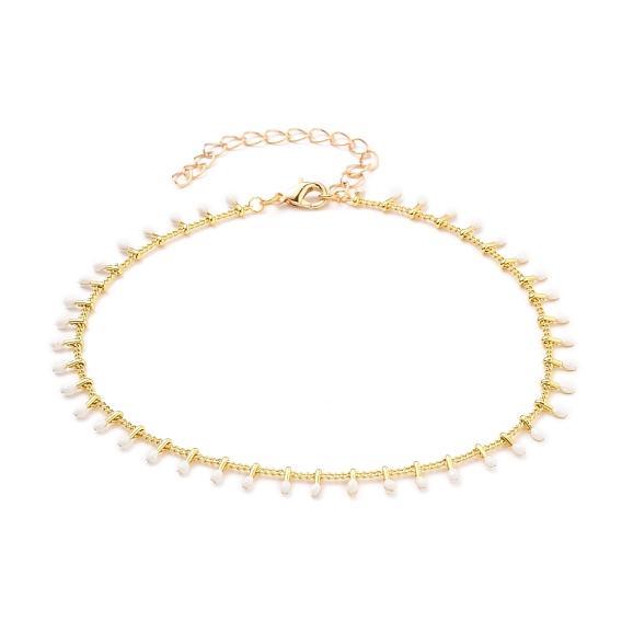 Brass Enamel Anklets, with Curb Chains and Lobster Claw Clasps, White