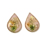 Plating Brass & Transparent Epoxy Resin & Dried Flower Pendants, Teardrop with Flower & Butterfly Pattern Charm, with Glitter Powder