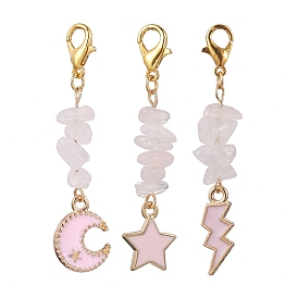 3Pcs 3 Styles Alloy Enamel Pendants Decoraiton, Natural Rose Quartz Chip Beads and Alloy Lobster Claw Clasps Charm, Moon & Star & Lightning