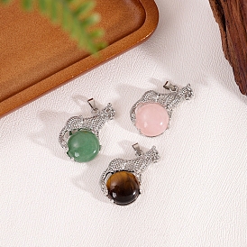 Natural Gemstone Flat Round Pendants, Metal Leopard Ball Gems Charms, Platinum