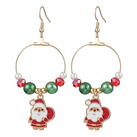 Alloy Enamel Dangle Earrings, with Plastic and Glass Beads, Santa Claus