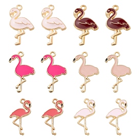 24Pcs 6 Style Alloy Enamel Pendants, Flamingo Shape, Light Gold