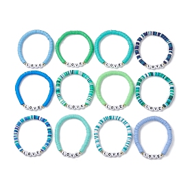 12Pcs Handmade Polymer Clay Heishi Beads Stretch Bracelets, Acrylic Word Love Beaded Bracelets for Women