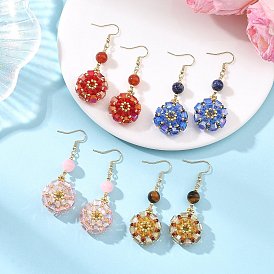 Glasperlen baumeln Ohrringe, Runde, Ohrhänger mit runden Perlen aus Natursteinmischung für Damen, golden
