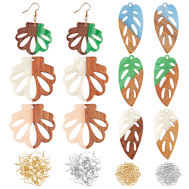 SUPERFINDINGS DIY 6 Pairs Leaf and Flower Wood Earring Makings, Including Pendants, Brass Earring Hooks & Jump Ring