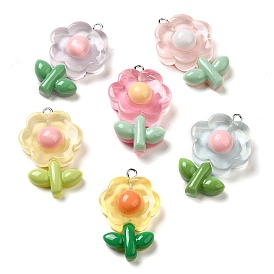 Translucent Resin Pendants, with Platinum Plated Iron Loops, Flower Charms