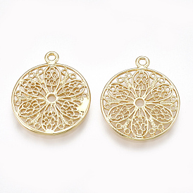 Brass Pendants, Real 18K Gold Plated, Flat Round with Flower